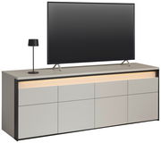 TV-Lowboard in moderner Optik mit integriertem LED-Licht, seitliche Perspektive