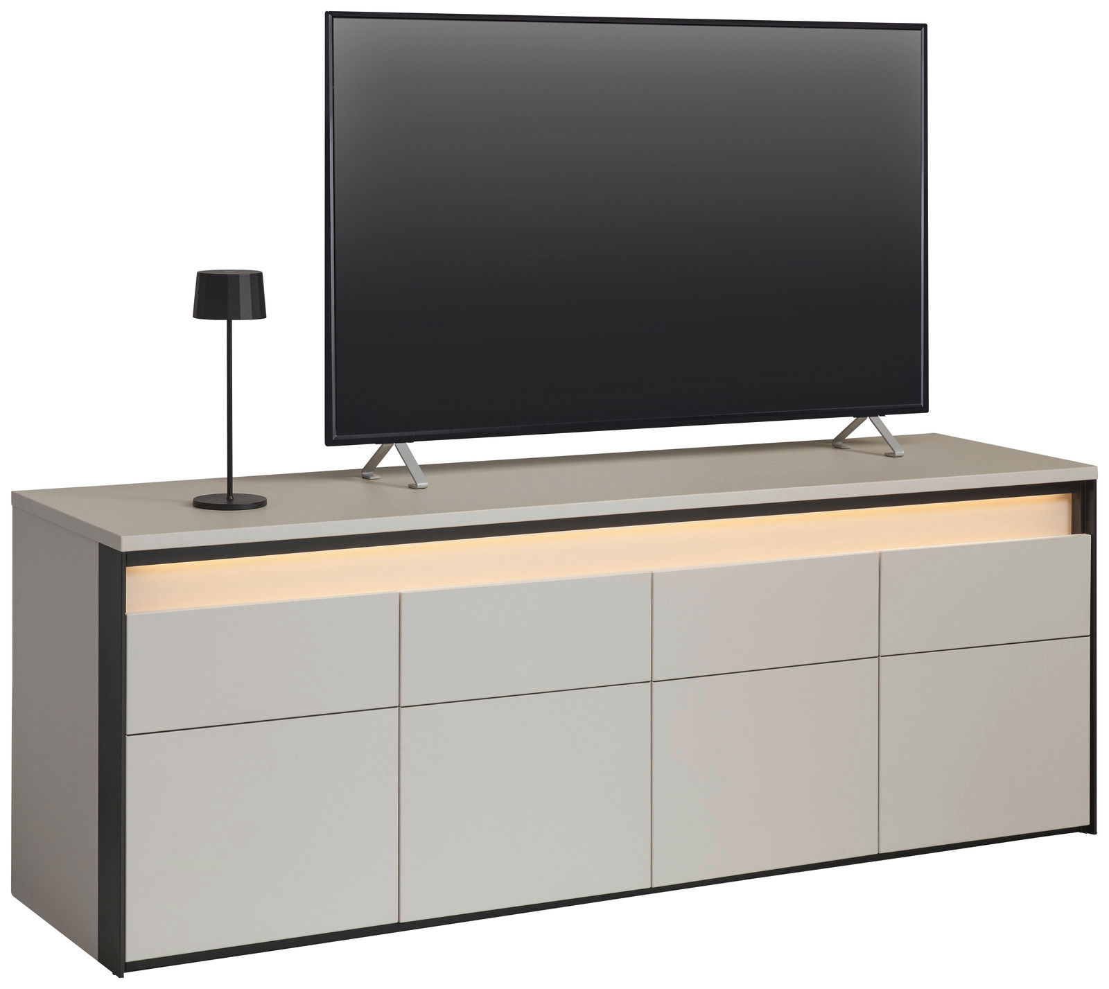 TV-Lowboard in moderner Optik mit integriertem LED-Licht, seitliche Perspektive