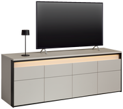 TV-Lowboard in moderner Optik mit integriertem LED-Licht, seitliche Perspektive