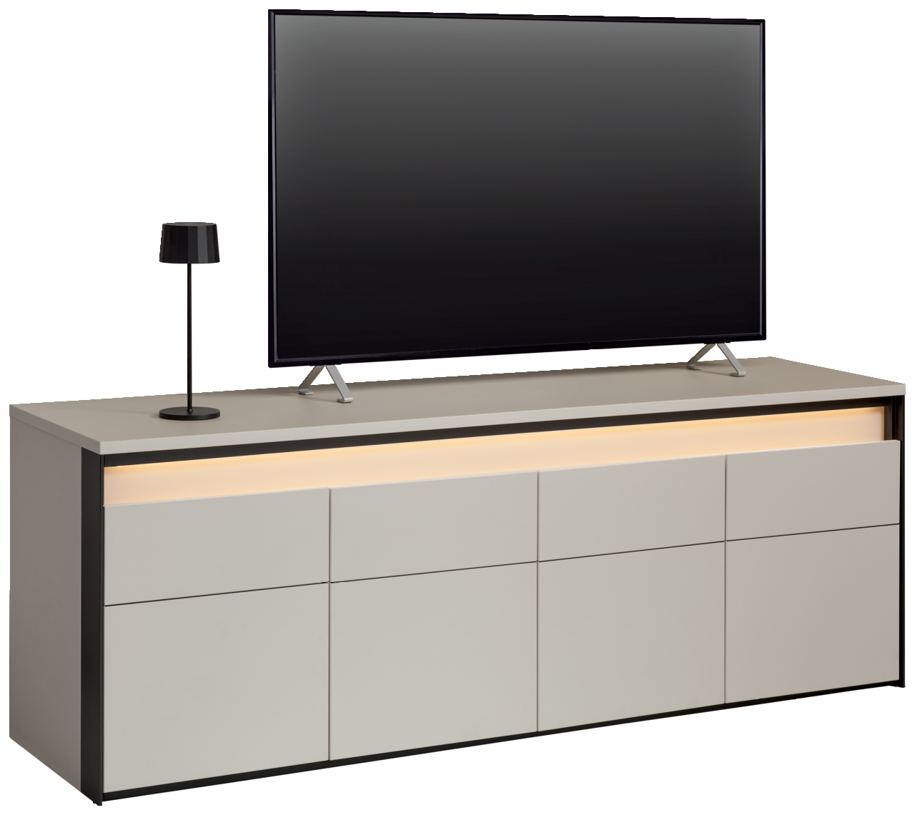 TV-Lowboard in moderner Optik mit integriertem LED-Licht, seitliche Perspektive
