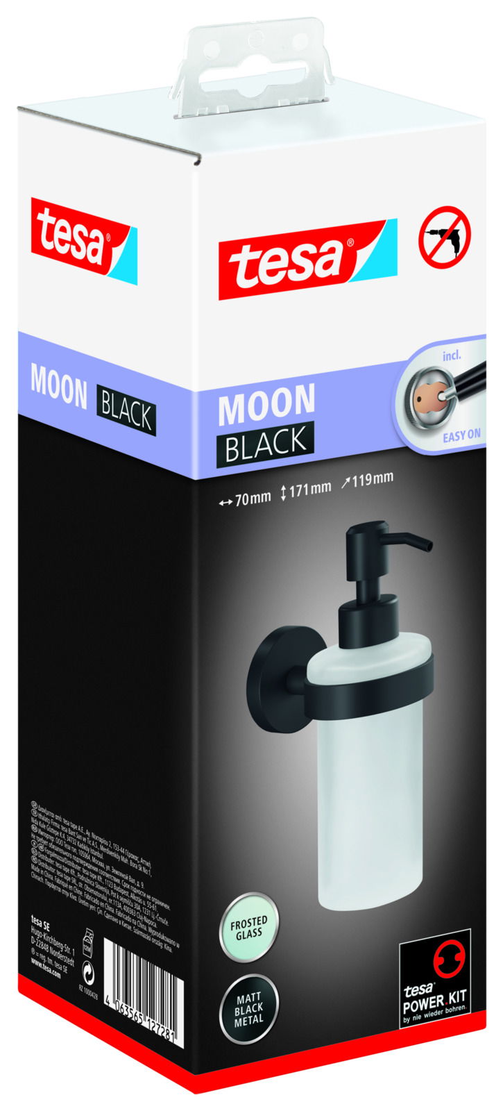 Seifenspender tesa MOON BLACK aus mattschwarzem Metall und satiniertem Glas, seitliche Perspektive