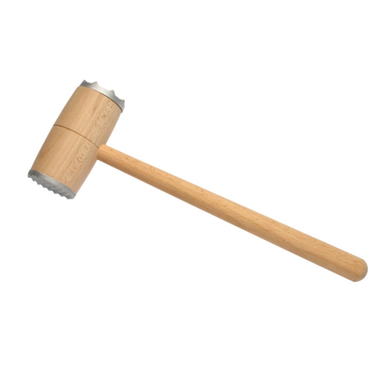 Fleischklopfer aus Holz mit Metallköpfen, seitliche Perspektive