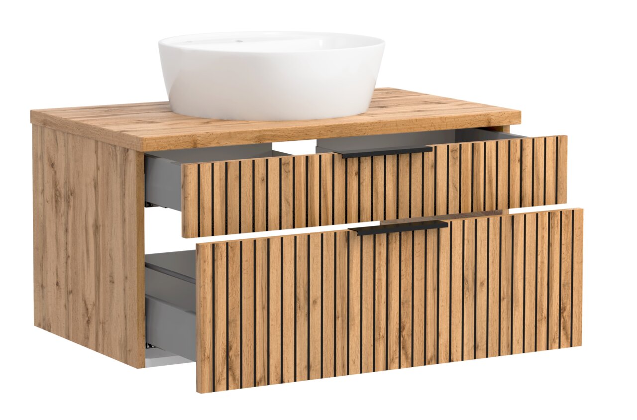 Waschtisch-Set 80 cm mit Holzoptik, zwei Schubladen und einem weißen Aufsatzwaschbecken, seitliche Perspektive