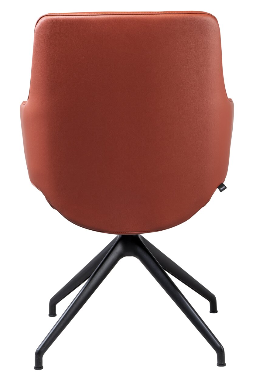 Achterkant van een fauteuil met bruine lederen bekleding en een zwart metalen frame.