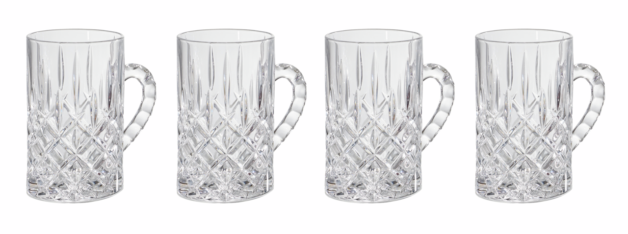 Nachtmann Glühwein-/Teegläser 4er-Set Noblesse Vier elegante Glühweingläser mit Henkel und edlem Schliffmuster, frontal abgebildet.