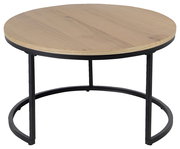 Runder Couchtisch mit Holzplatte und schwarzem Metallgestell, seitliche Perspektive
