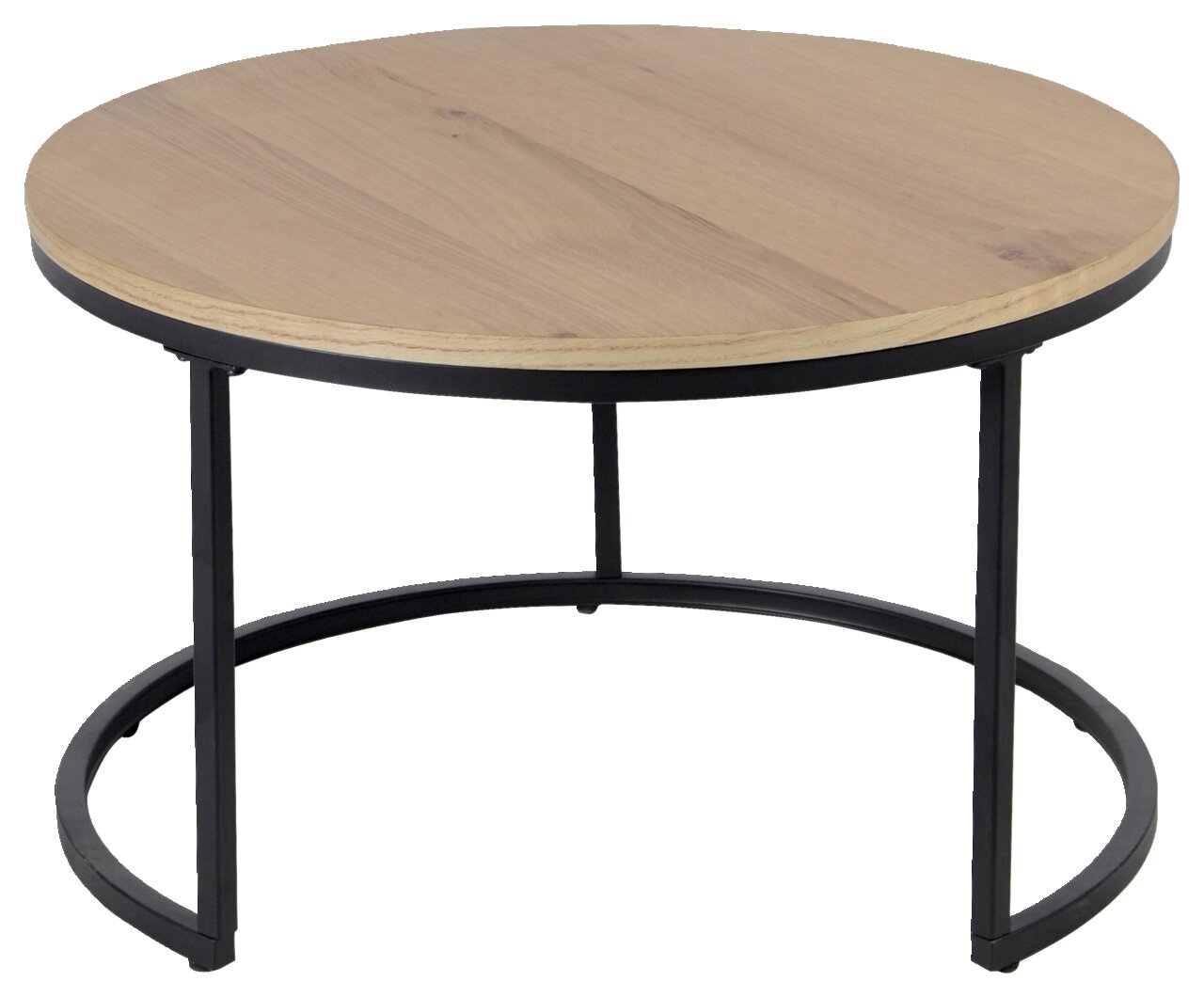 Runder Couchtisch mit Holzplatte und schwarzem Metallgestell, seitliche Perspektive