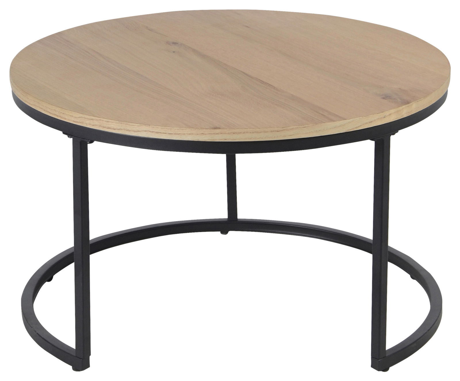 Runder Couchtisch mit Holzplatte und schwarzem Metallgestell, seitliche Perspektive
