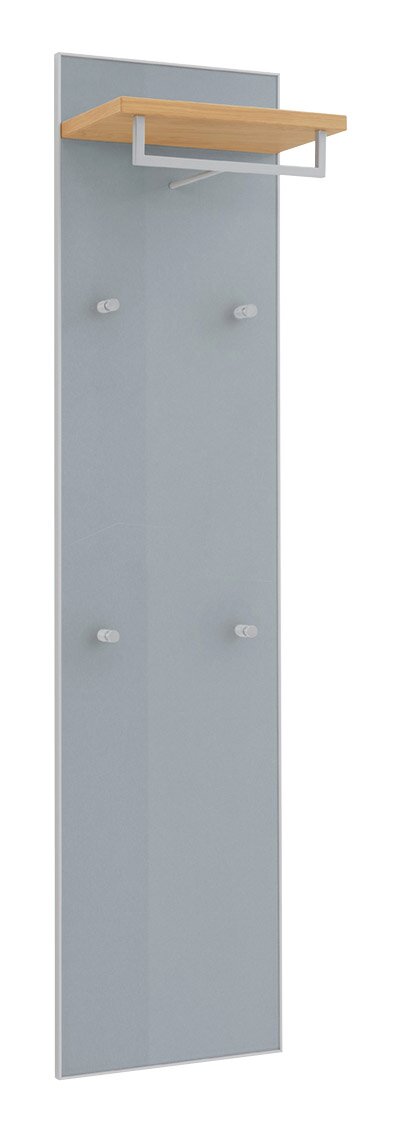 Schmale Garderobenpaneel aus grauem Glas mit vier Haken und Ablage aus hellem Holz mit Metallhalterung, frontal in leichter Schrägansicht dargestellt.