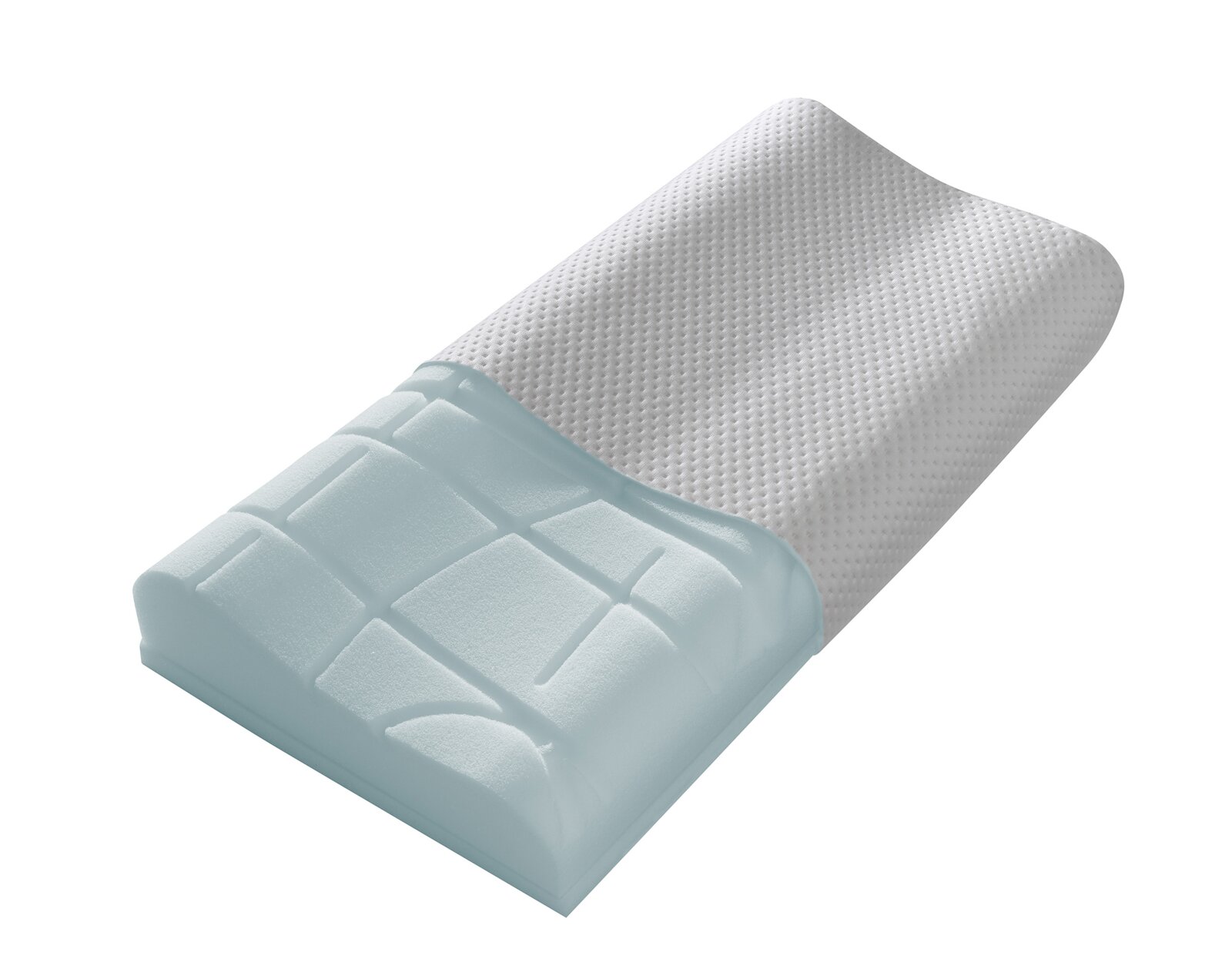 Zijaanzicht van een ergonomisch slaapkussen met een gestructureerd oppervlak en een voorgevormde schuimkern.