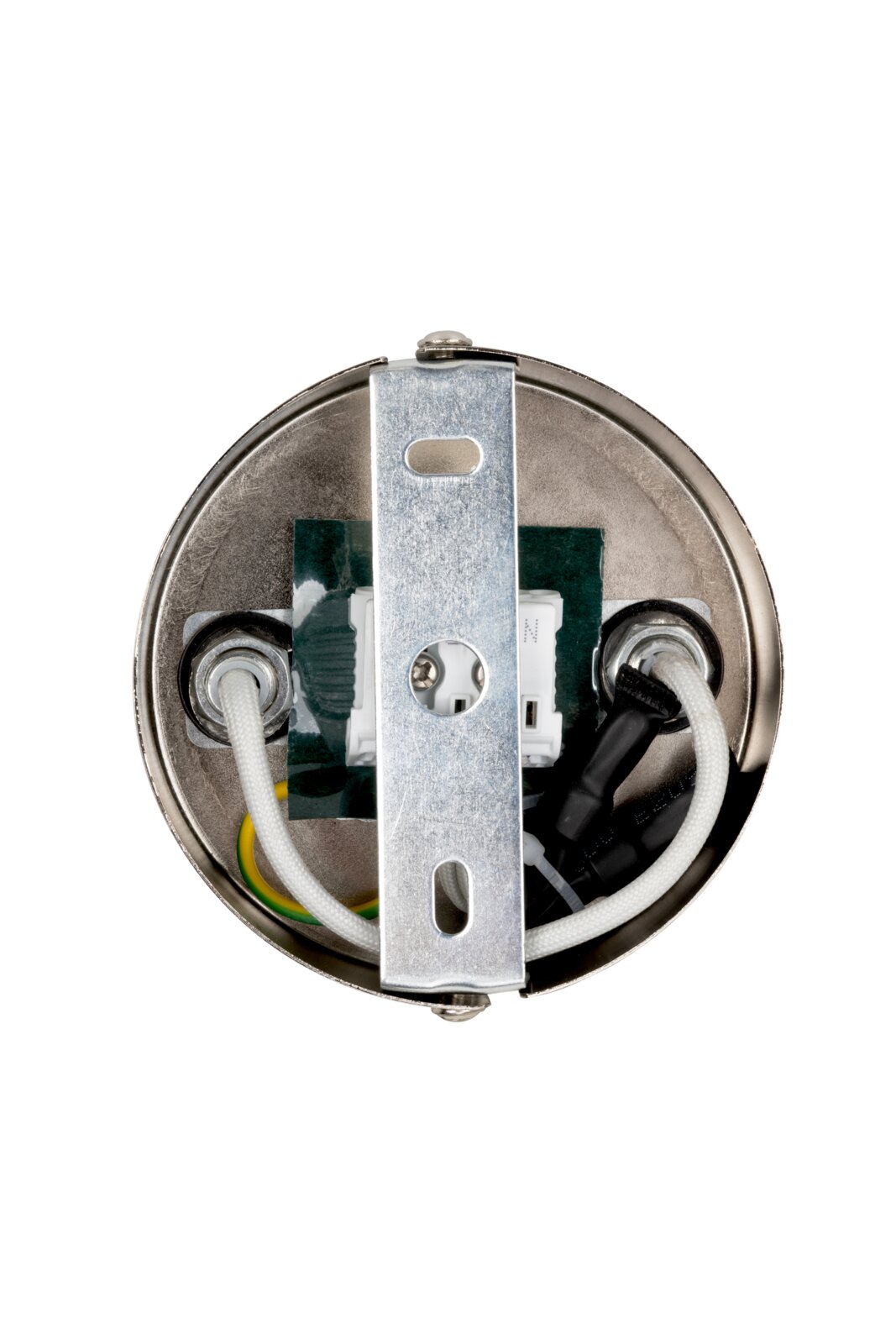 Rückansicht eines runden LED-Strahlers mit Metallhalterung und Kabelanschlüssen.