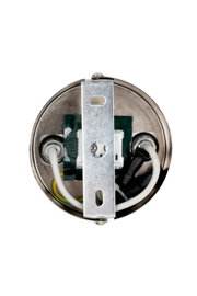 Rückansicht eines runden LED-Strahlers mit Metallhalterung und Kabelanschlüssen.