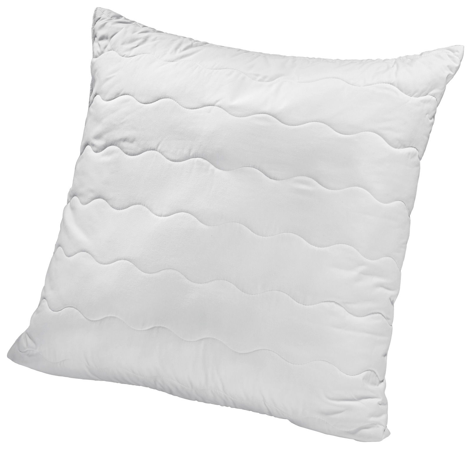 Sleeptex Kopfkissen LEVANTE Weißes Kopfkissen 80x80 cm mit wellenförmiger Steppung, schräg von vorne fotografiert.