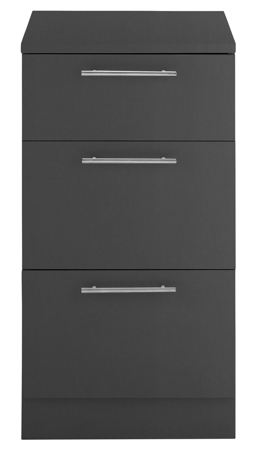 Moderner, grauer Unterschrank mit drei Schubladen und silbernen Griffen, Frontalansicht