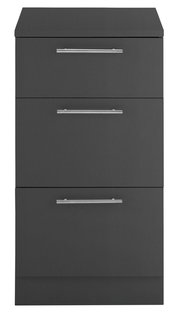 Moderner, grauer Unterschrank mit drei Schubladen und silbernen Griffen, Frontalansicht