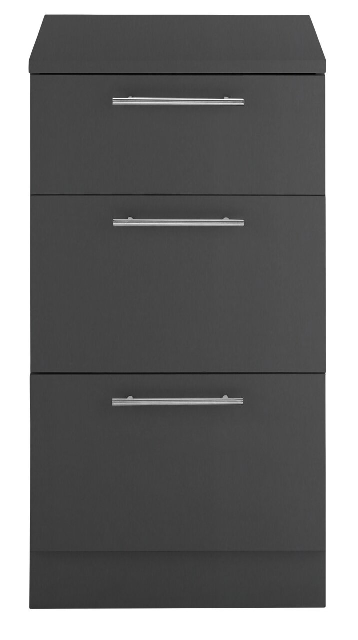 Moderner, grauer Unterschrank mit drei Schubladen und silbernen Griffen, Frontalansicht