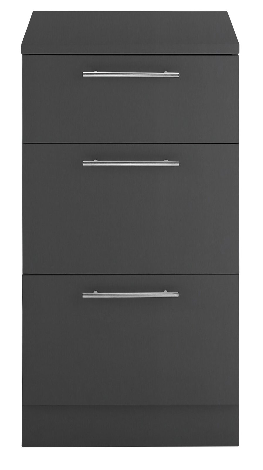 Moderner, grauer Unterschrank mit drei Schubladen und silbernen Griffen, Frontalansicht