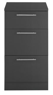 Moderner, grauer Unterschrank mit drei Schubladen und silbernen Griffen, Frontalansicht