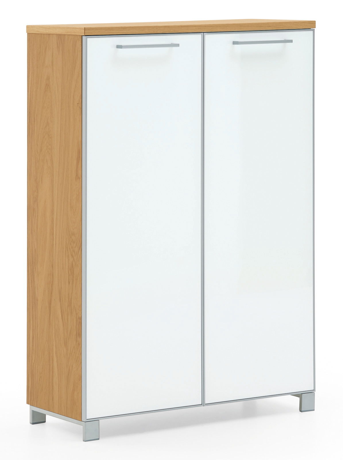 Hoch-Schuhkommode aus Holz mit zwei weißen Türen, seitliche Perspektive