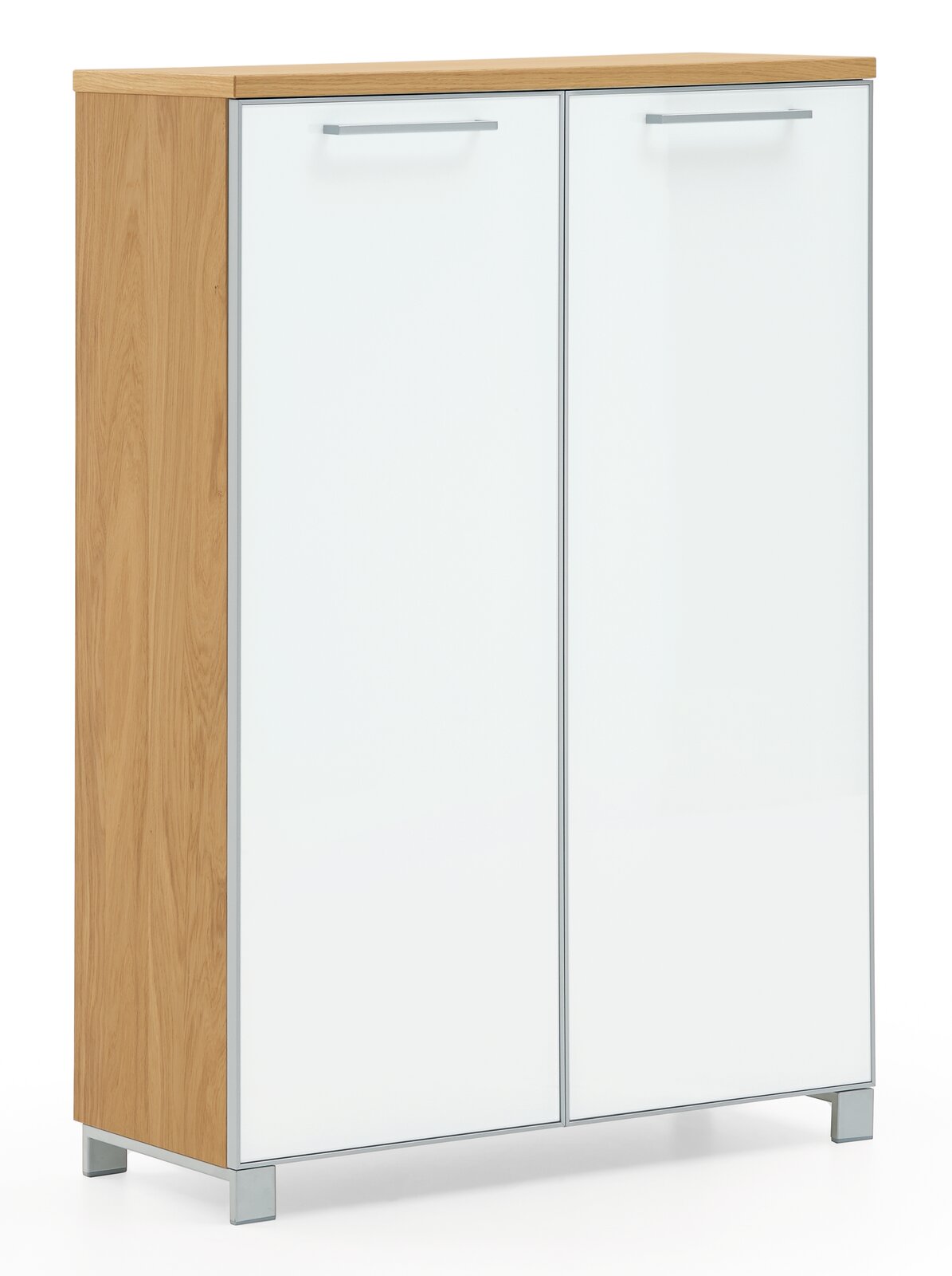Hoch-Schuhkommode aus Holz mit zwei weißen Türen, seitliche Perspektive