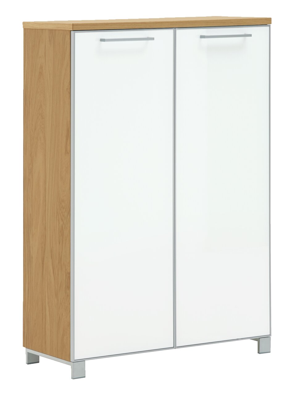 Hoch-Schuhkommode aus Holz mit zwei weißen Türen, seitliche Perspektive