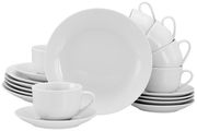 Weißes 18-teiliges Kaffeeservice mit Tassen, Untertassen und Tellern, seitliche Perspektive