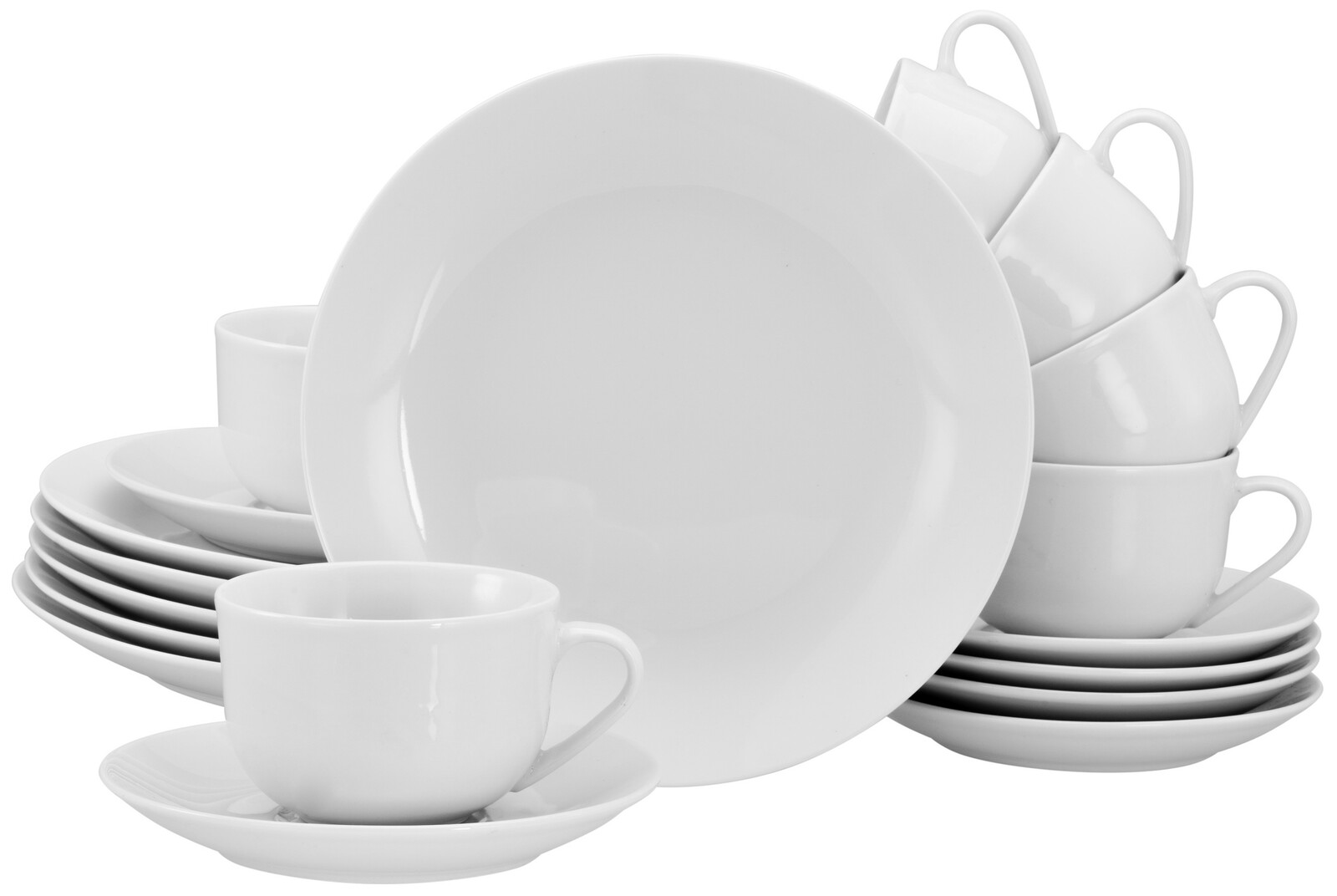 Weißes 18-teiliges Kaffeeservice mit Tassen, Untertassen und Tellern, seitliche Perspektive
