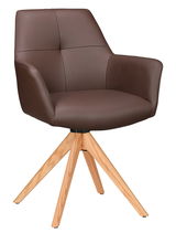 Brauner Armlehnstuhl mit Holzbeinen, Vorderansicht