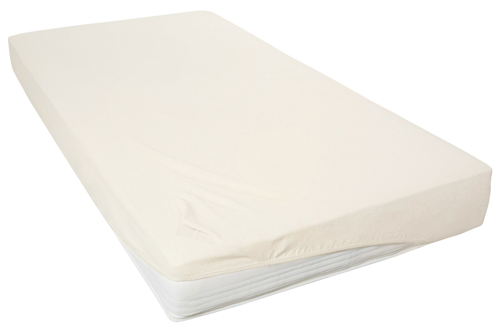 Beiges Spannbetttuch 150x200cm auf einer Matratze, seitliche Perspektive