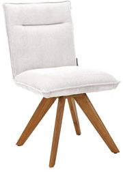 Moderner Stuhl mit weißem, geripptem Stoffbezug und Holzbeinen, seitliche Perspektive