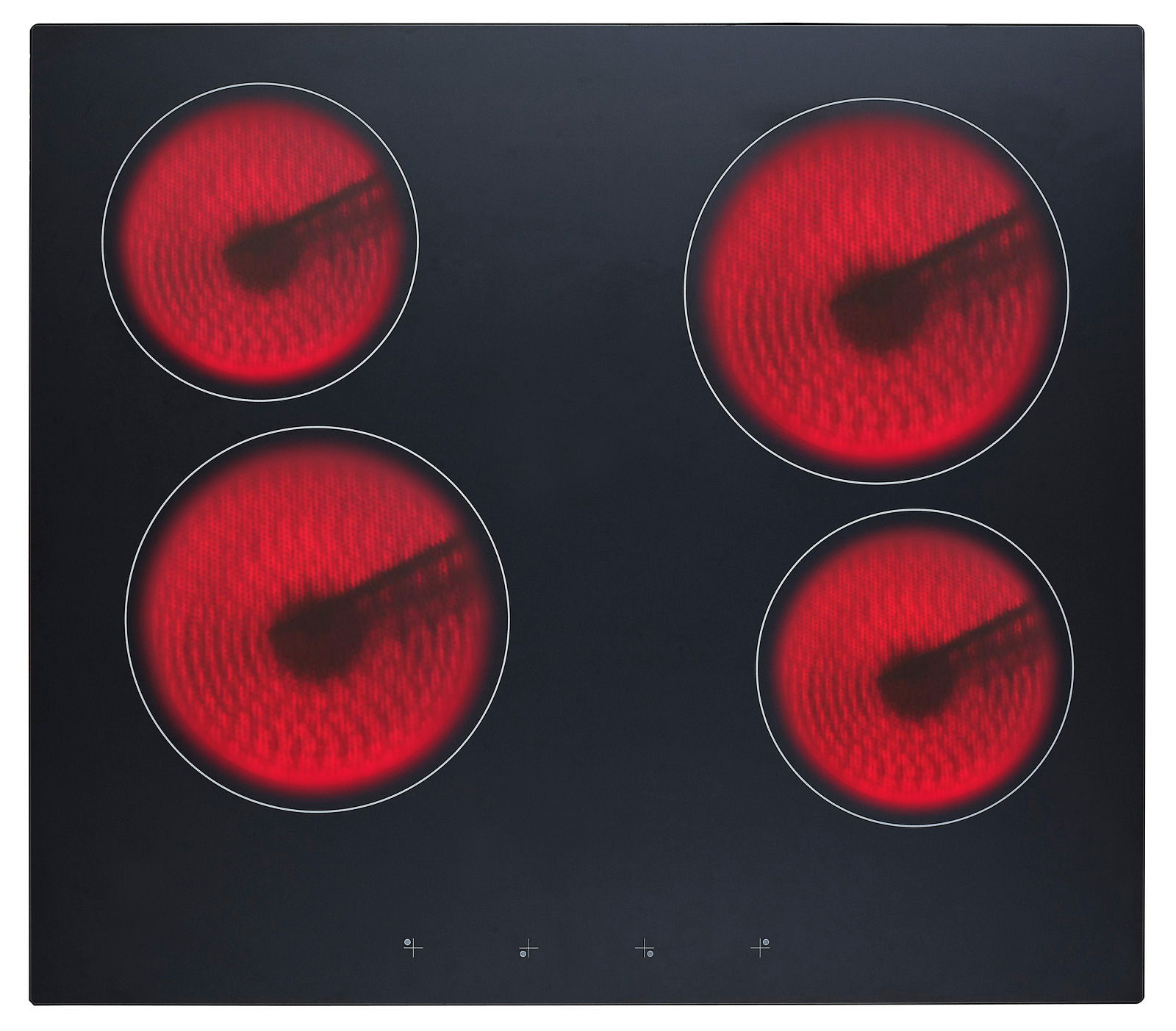 Glaskeramik-Kochfeld mit vier leuchtend roten Kochzonen, Draufsicht