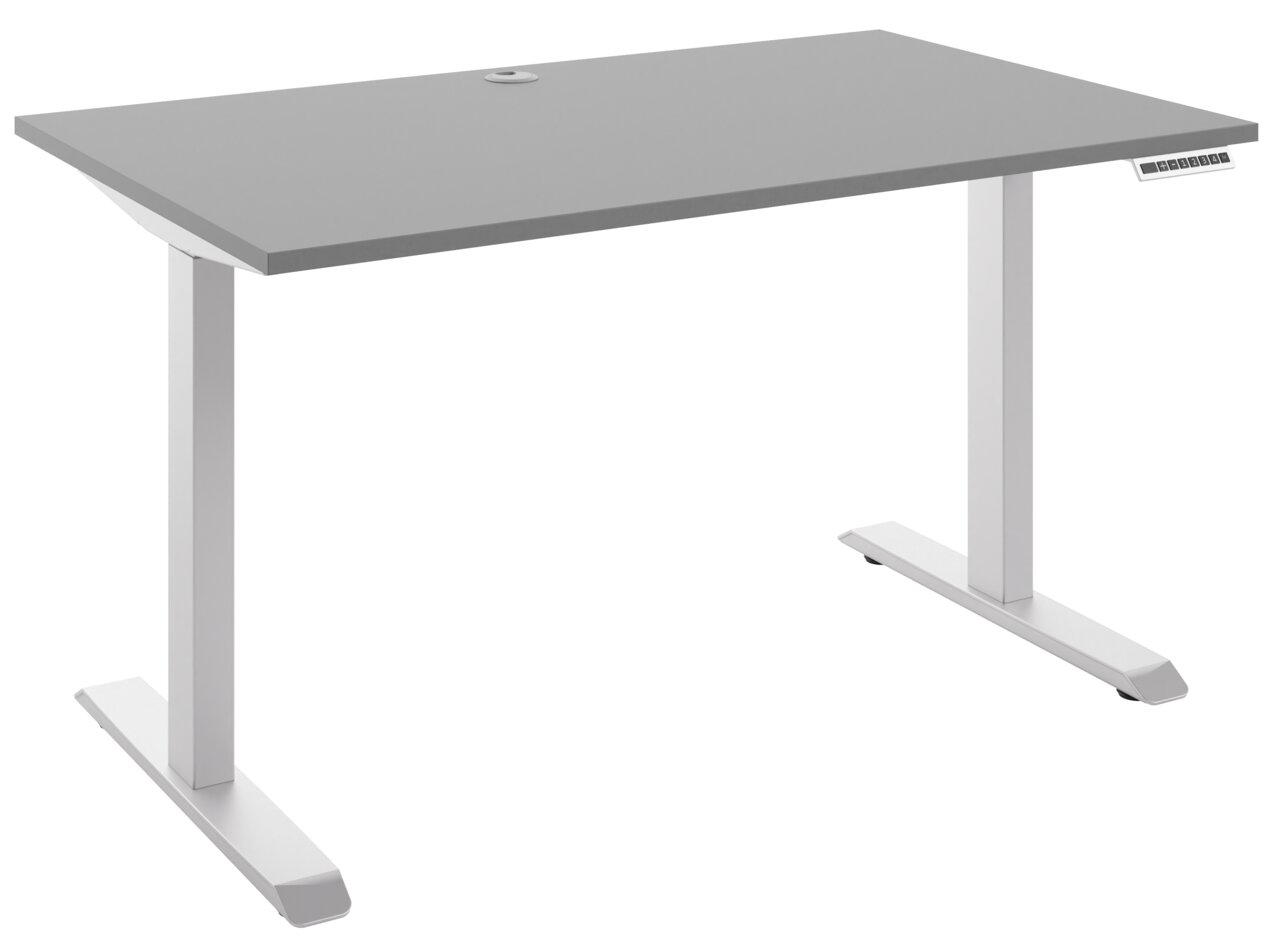 Moderner E-Schreibtisch 160 mit grauer Tischplatte und weißem Gestell, seitliche Perspektive