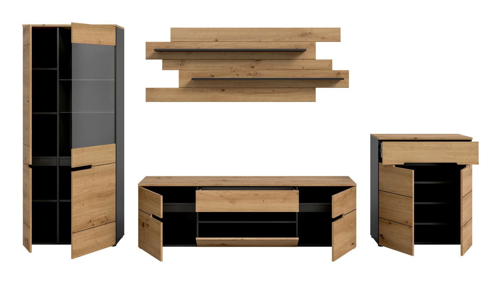 Modernes Wohnzimmermöbel-Set in Eiche-Optik mit anthrazitfarbenen Elementen: hohe Vitrine, TV-Lowboard, Sideboard und zwei Wandregale, frontal in leichter Perspektive auf weißem Hintergrund
