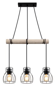 Moderne Hängeleuchte mit drei schwarzen Drahtkäfig-Lampenschirmen und einem Holzstab, aus der Frontalperspektive.