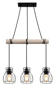 Moderne Hängeleuchte mit drei schwarzen Drahtkäfig-Lampenschirmen und einem Holzstab, aus der Frontalperspektive.
