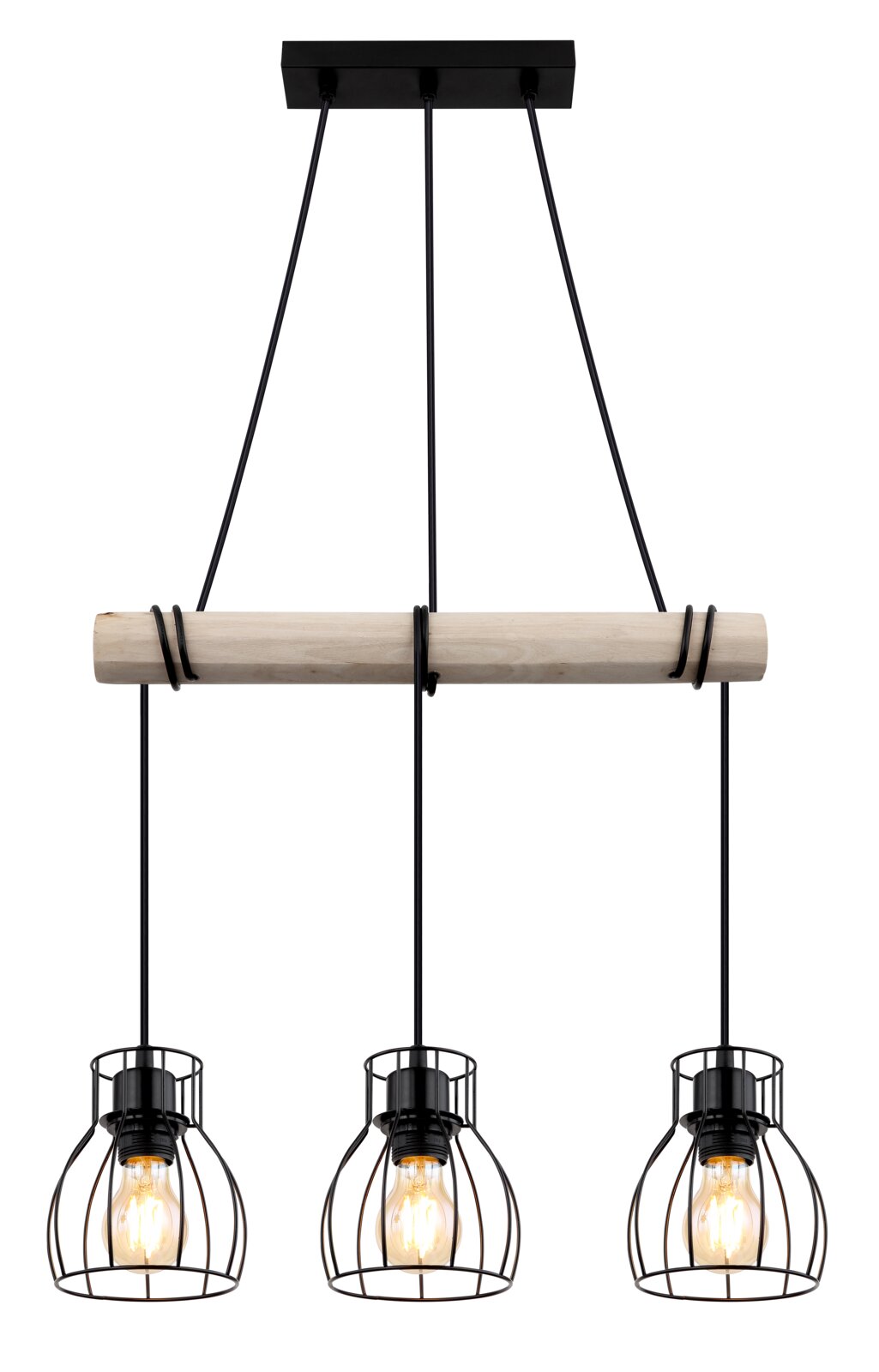 Moderne Hängeleuchte mit drei schwarzen Drahtkäfig-Lampenschirmen und einem Holzstab, aus der Frontalperspektive.