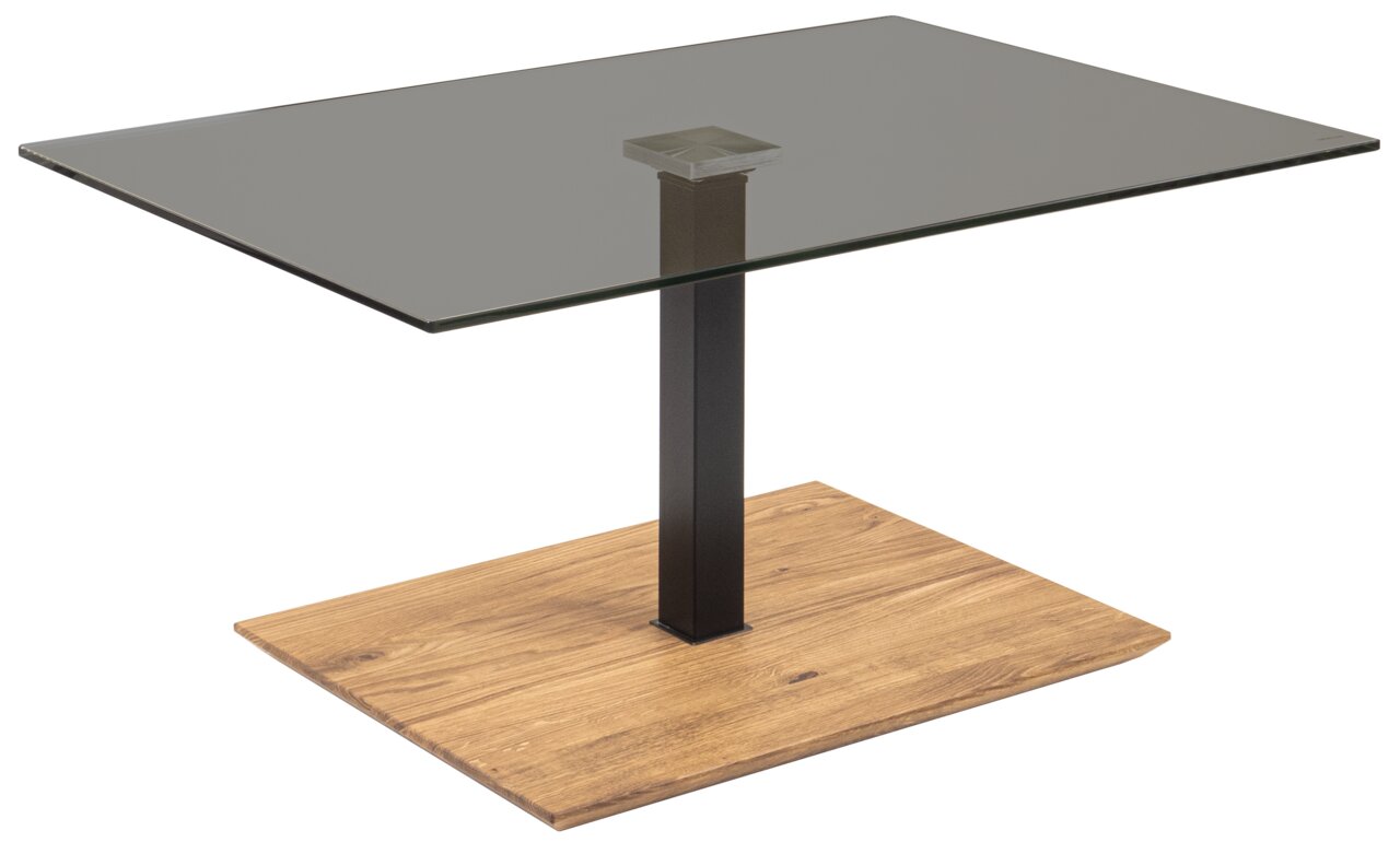 Moderner Couchtisch mit Glasplatte, schwarzem Metallgestell und Holzfuß, seitliche Perspektive