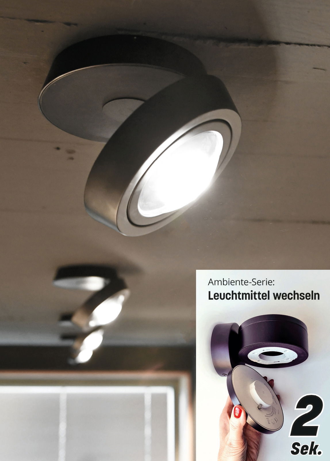 LED-Deckenleuchte SOLO MOVIMENTO in moderner Perspektive von unten, zeigt die einfache Möglichkeit des Leuchtmittelwechsels.