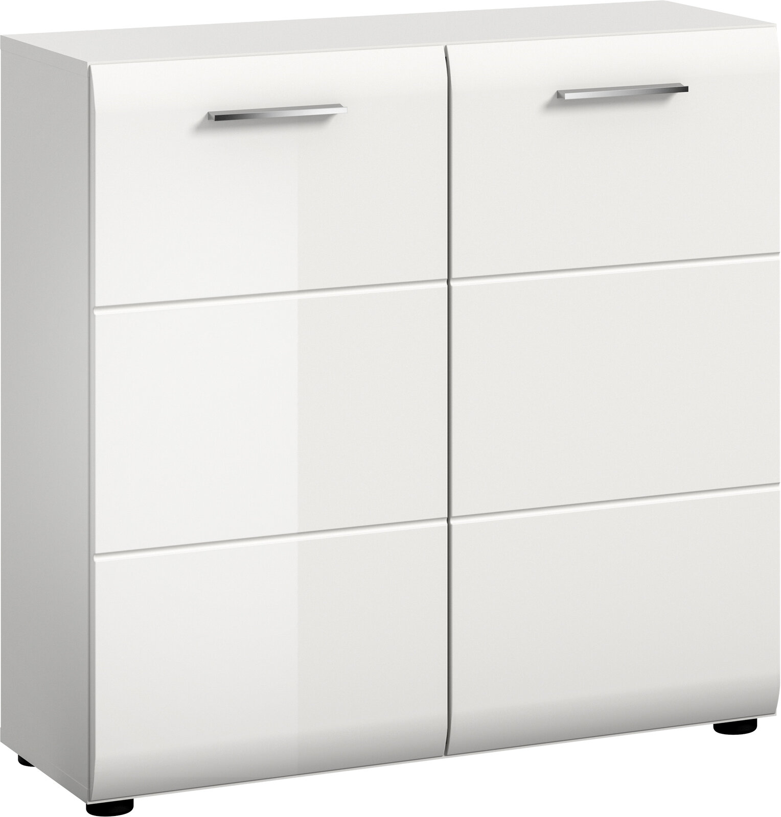 Weißer, moderner Schuhschrank mit zwei Türen und silbernen Griffen, Frontansicht in leichter Schrägperspektive von links