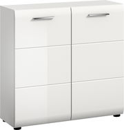 Weißer, moderner Schuhschrank mit zwei Türen und silbernen Griffen, Frontansicht in leichter Schrägperspektive von links