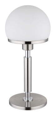 Moderne Tischleuchte HAKU mit kugelförmigem, weißem Lampenschirm und silbernem Standfuß, frontal abgebildet.