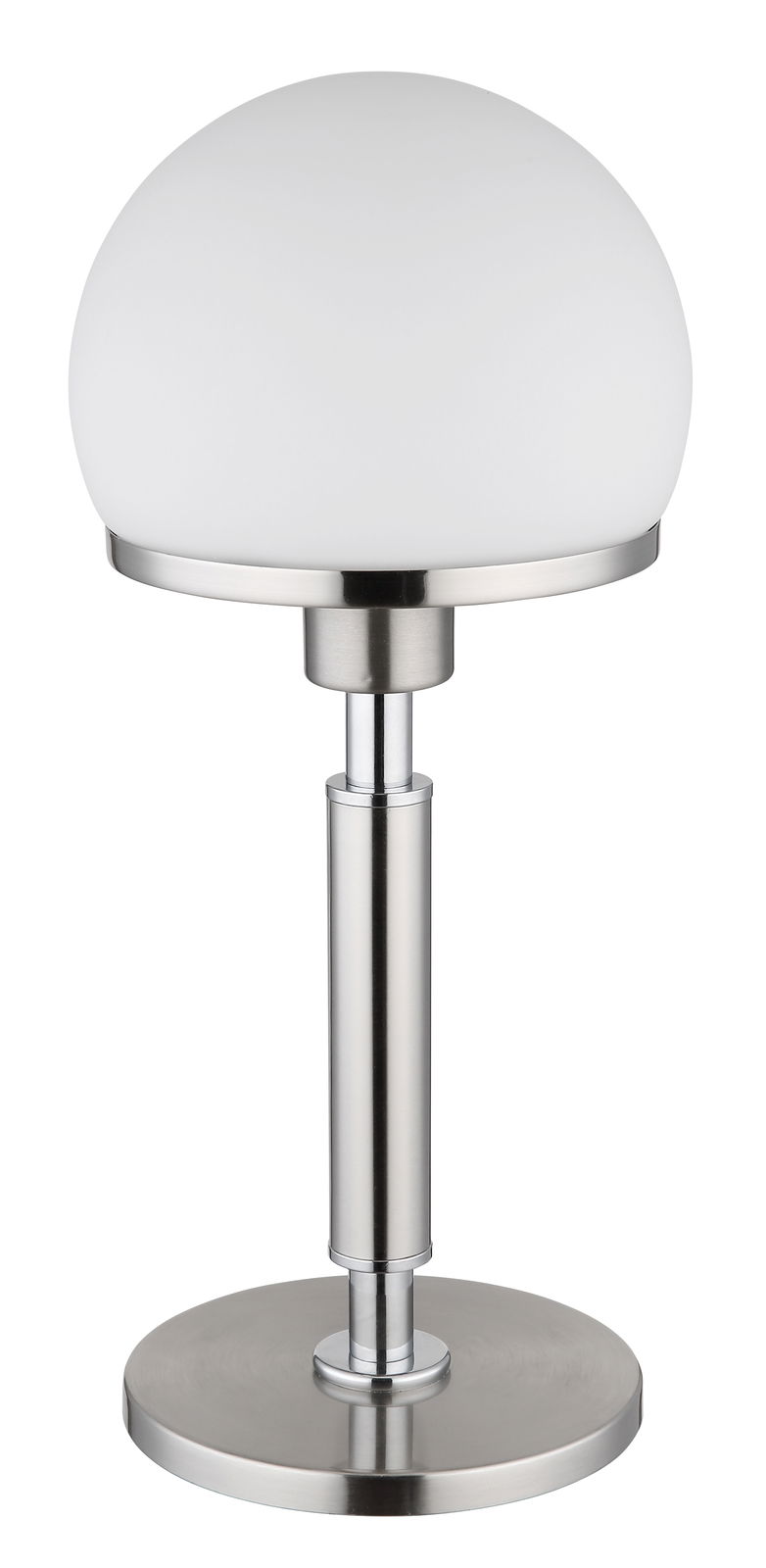 Moderne Tischleuchte HAKU mit kugelförmigem, weißem Lampenschirm und silbernem Standfuß, frontal abgebildet.