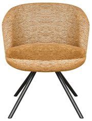 Moderne gestoffeerde fauteuil in goudbruin met horizontaal gestreepte bekleding en zwarte metalen kruispoten, frontaal aanzicht.
