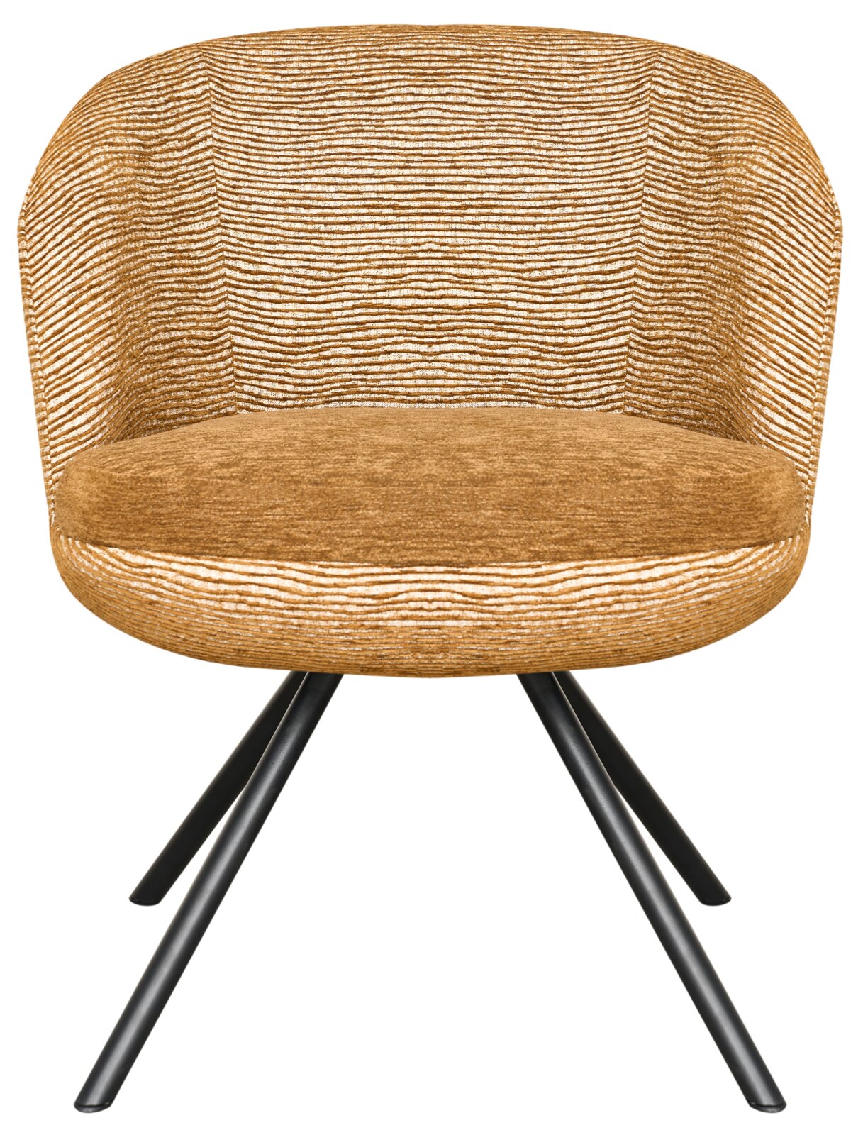 Moderne gestoffeerde fauteuil in goudbruin met horizontaal gestreepte bekleding en zwarte metalen kruispoten, frontaal aanzicht.