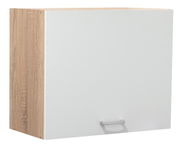 Moderner Hängeschrank mit weißer Front und Holzseitenansicht, Perspektive von vorne links