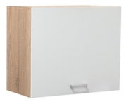 Moderner Hängeschrank mit weißer Front und Holzseitenansicht, Perspektive von vorne links