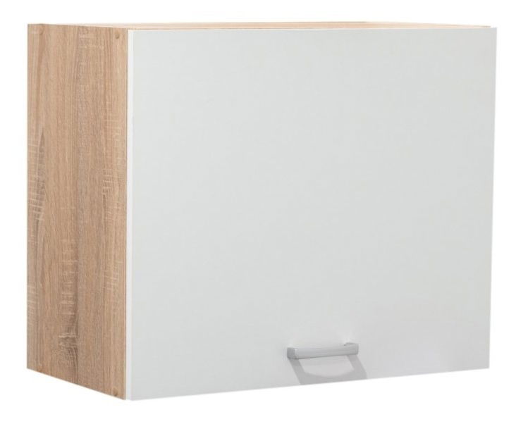 Moderner Hängeschrank mit weißer Front und Holzseitenansicht, Perspektive von vorne links