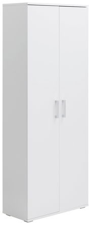 Weißer XL-Schuhschrank mit zwei Türen und silbernen Griffen, seitliche Perspektive