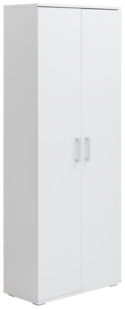 Weißer XL-Schuhschrank mit zwei Türen und silbernen Griffen, seitliche Perspektive