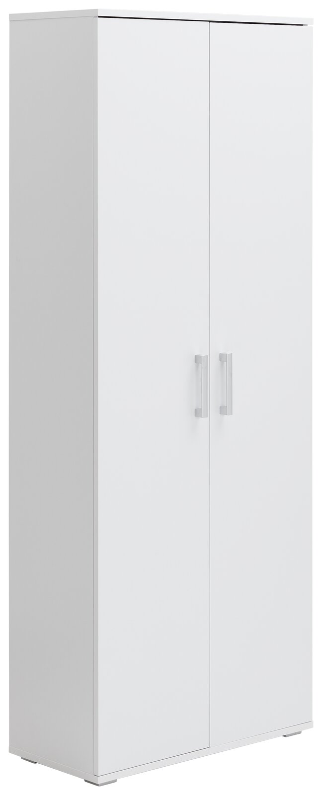 Weißer XL-Schuhschrank mit zwei Türen und silbernen Griffen, seitliche Perspektive